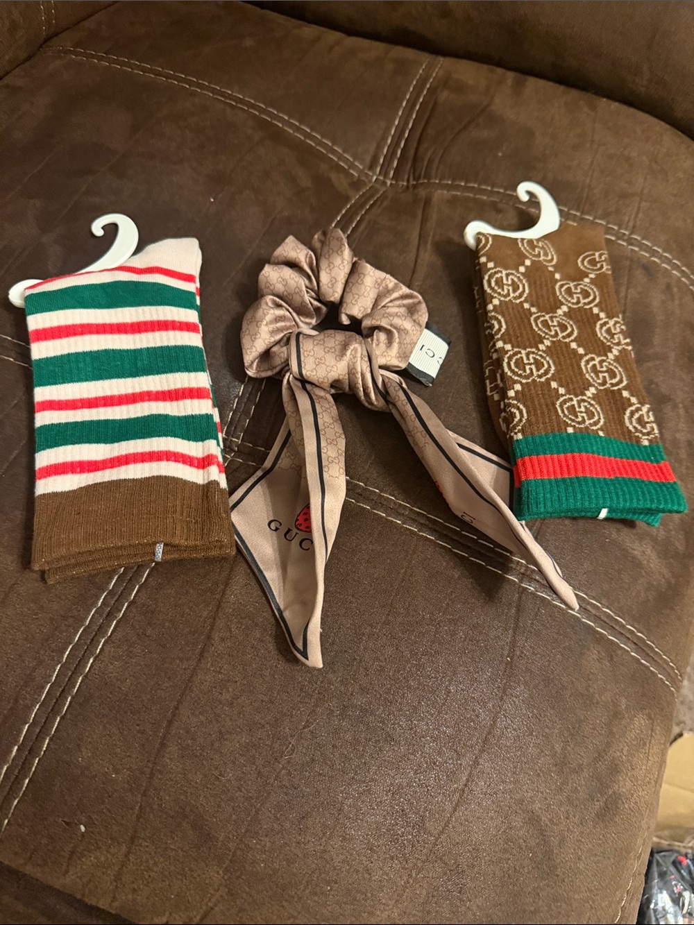 Ladies Brown Monogram Scrunchie with Bow and Matching Brown/Green Socks Set